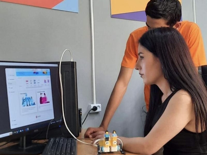 Teenage girl sitting at a table, using a desktop computer. There is a boy looking over her shoulder.